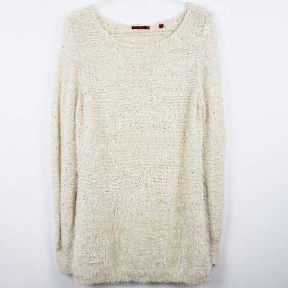 Red - Ivory Sparkle Eyelash Knit Sweater Crew neck Longer Length Size Large - Picture 13 of 13